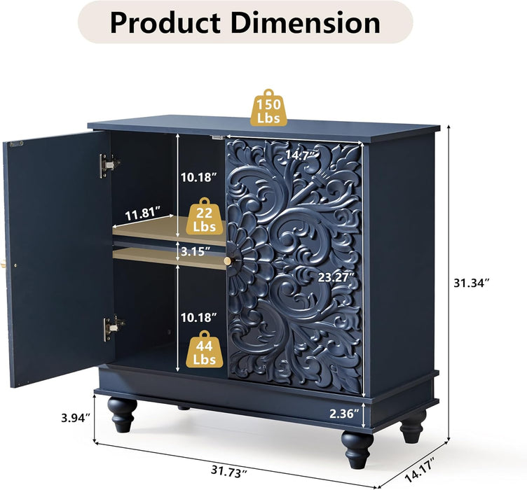 Accent Cabinet with 2 Doors, Luxury Carving Board Storage Sideboard with Adjustable Shelves, Buffet Cabinet Entryway Table for Living Room (Midnight Blue)