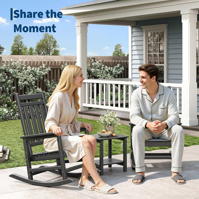 HDPE Rocking Chair Outdoor Set of 2 with Side Table, High Back Rocker