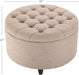 Classic 28-Inch Wide Button Tufted round Storage Ottoman Footstool with Lift off Lid, Light Brown Fabric