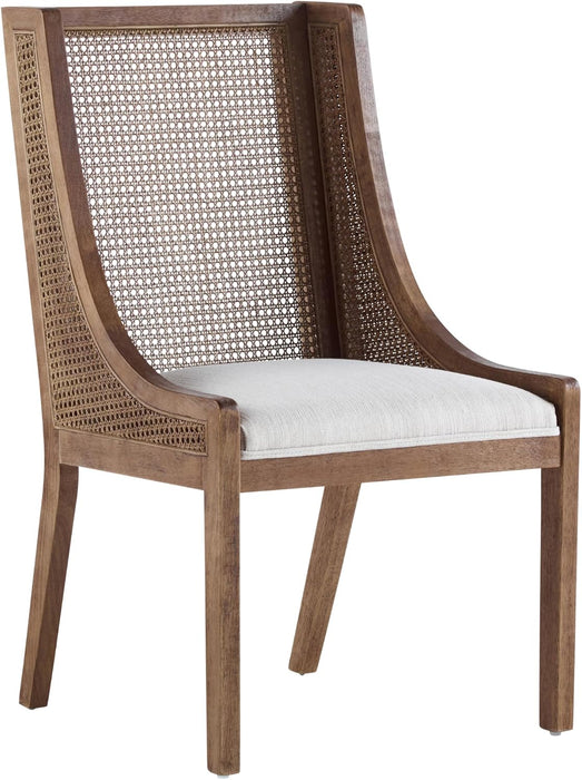Yone Dining Chairs Set of 2, Modern Dining Chair with Fabric Upholstery, Rubberwood Frame Kitchen Chairs with Cane Webbing, Extra Seat for Dining Room, Beige + Brown
