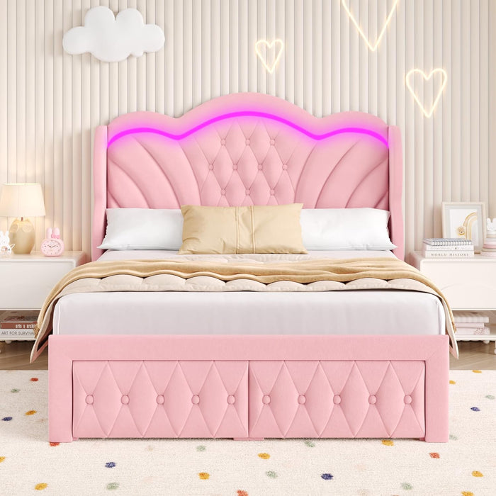 Full Bed Frame with LED Lights and 2 Storage Drawers, Velvet Upholstered Platform with 47" Tall Arc-Shaped Wingback Headboard and Button Tufted Design, No Box Spring Needed, Noise-Free, Pink