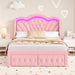 Full Bed Frame with LED Lights and 2 Storage Drawers, Velvet Upholstered Platform with 47" Tall Arc-Shaped Wingback Headboard and Button Tufted Design, No Box Spring Needed, Noise-Free, Pink