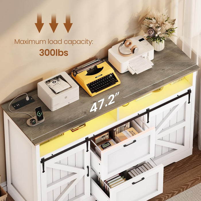 47.2" File Cabinet, 2 Drawers Filing Cabinets for Home Office Fit Legal/Letter/A4 File, Farmhouse File Cabinet with Barn Door & Power Outlet, Printer Stand with Storage & LED Light, White+Grey
