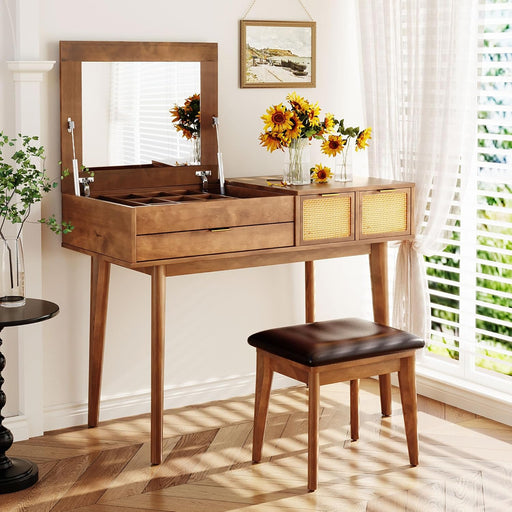 43.3" Classic Wood Makeup Vanity Desk Set with Flip-Top Mirror, Dressing Table with 3 Storage Drawers and Cushioned Stool, Brown