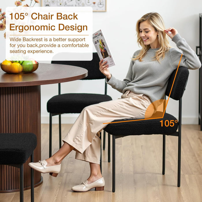 Dining Chairs Set of 6 Boucle Upholstered Kitchen Chairs with Curved Backrest Modern Dinner Chair with Metal Legs for Dining Room Living Room Vanity Black