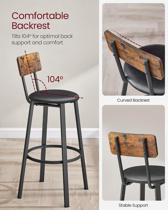 VASAGLE Bar Stools Set of 2, Barstools 29.7 Inches with Back, Modern Basic | Bar Height Stools, Bar Chairs, Steel Frame, Easy Assembly, Rustic Brown and Black, BARNET Collection ULBC069B81
