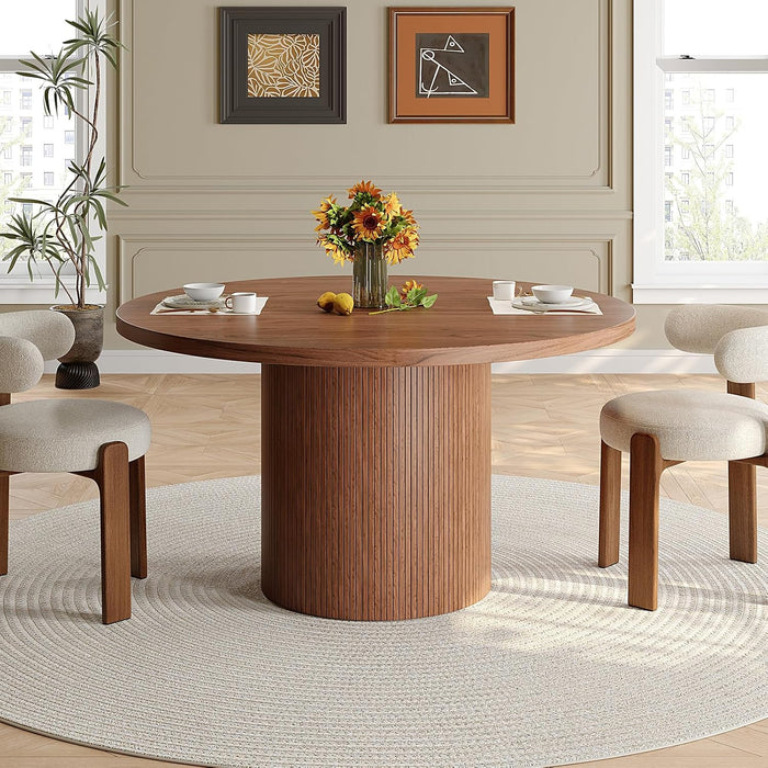 47 Inch round Dining Table for 4-6, Walnut | Circle Kitchen Table with Fluted Base, Modern Farmhouse Dinner Tables for Kitchen, Living Room