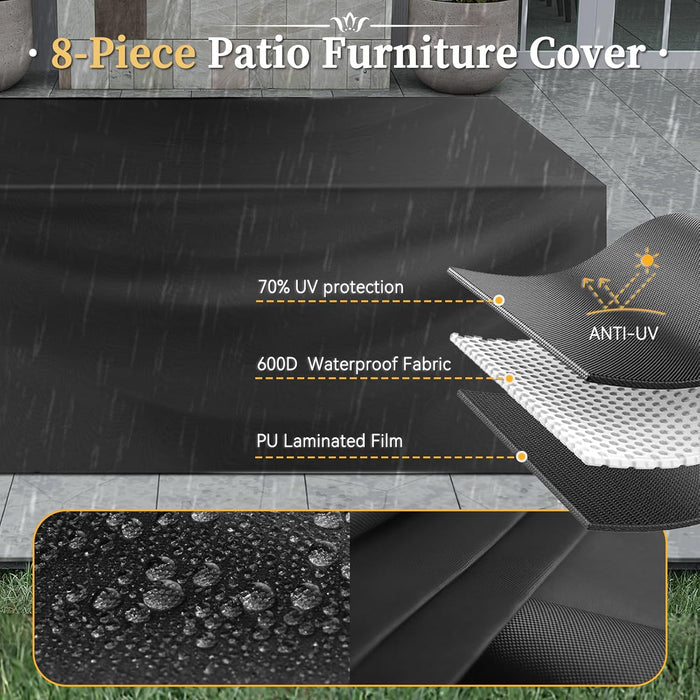 8 Piece Patio Furniture Set with 44” Fire Pit Table Wicker Rattan Outdoor Sectional Sofa Set with Coffee Table and Thickened Cushions, Beige (Waterproof Cover Included)