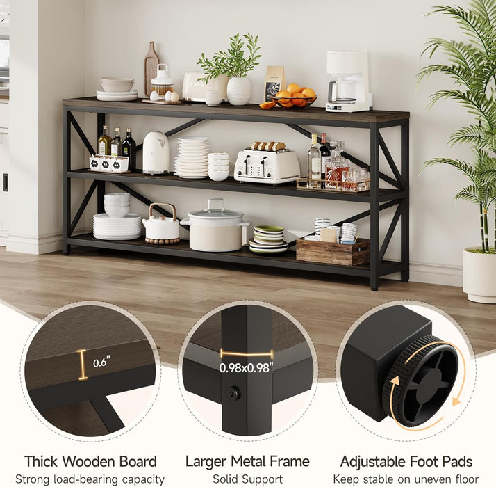 Industrial Console Sofa Table,70.8 Inch Extra Long Entryway Table with 3 Tier Wood Storage Shelf for Living Room, Hallway, Entrance, Narrow Sofa Table with Metal Frame, Black and Brown