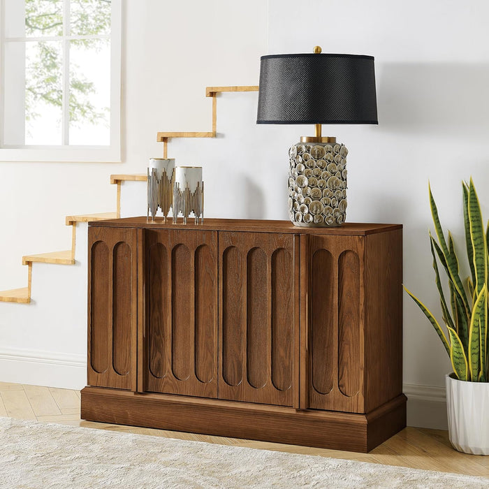 45" Mid-Century Modern Sideboard Buffet Cabinet with Fluted Doors,Credenza Storage Cabinet with Solid Wood Veneer,Seamless Base Accent Cabinet,Walnut