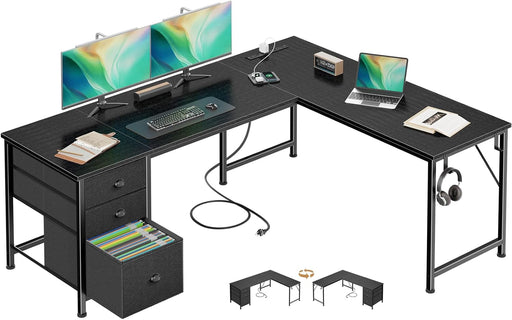 63" L Shaped Computer Desk with Power Outlet & USB-C Port, Reversible Home Office Desk with 2 Fabric Drawers, File Cabinet, Hooks, Large Corner Table for Gaming, Writing, Work, Black
