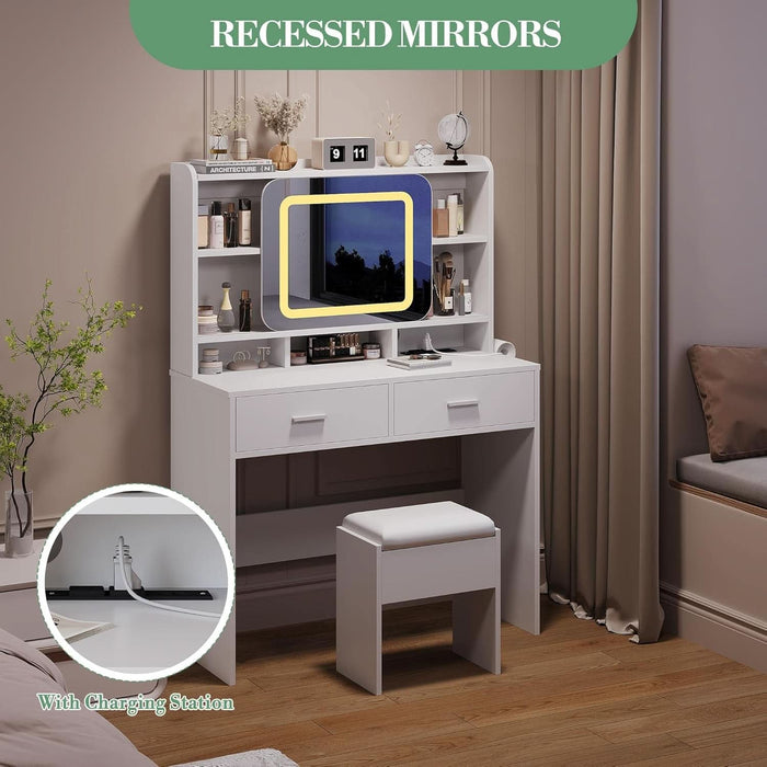 Vanity Desk with Sliding Mirror, Makeup Desk and Stool with Lights in 3 Colors, Girls Vanity Table with Charging Station, 2 Drawers & Storage Shelves for Bedroom, White