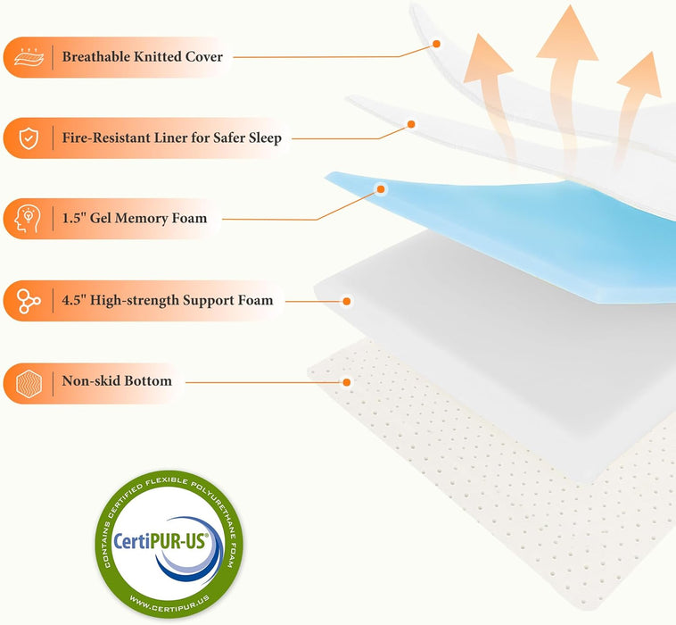 Queen Murphy Bed Cabinet with 6" Tri-Fold Memory Foam Mattress, Storage Drawer & Charging Station, Space-Saving Guest Bed for Home Office, Distressed White