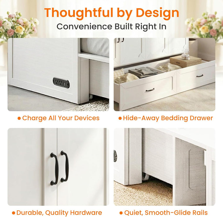 Queen Murphy Bed With Mattress White StorageDrawer