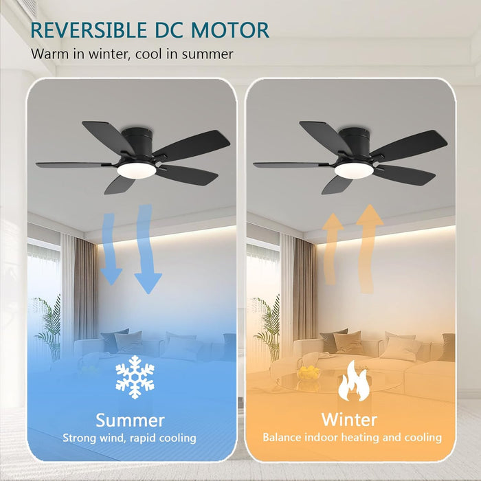 Ceiling Fans with Lights, 42 Inch Low Profile Ceiling Fan with Light and Remote Control, Flush Mount, Reversible Motor, Dimmable, Noiseless, Black Ceiling Fan for Bedroom, Indoor/Outdoor Use