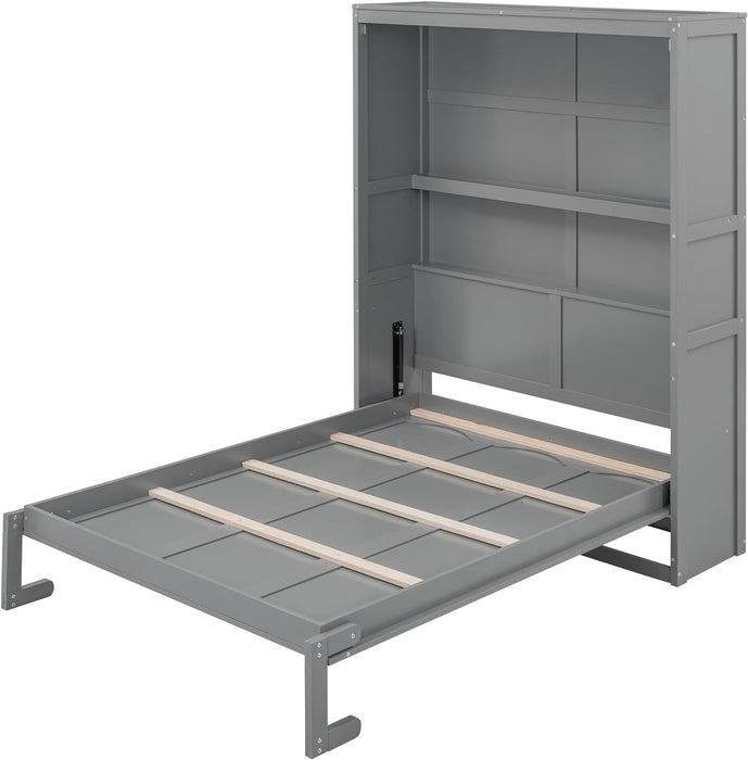 Full Size Murphy Bed Wall Bed with Shelves and Mattress Holder,Wood Hideaway Cabinet Chest W/Slat Support,Can Be Folded,For Small Room,Dorms,Gray