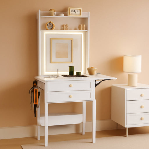 Small White Vanity Desk With Lighted Mirror Integrated
