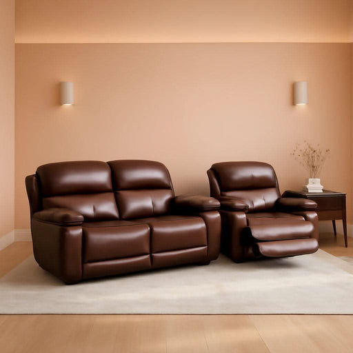 Brown Power Top Grain Leather Recliner Sofa Loveseat Set with USB Port, Genuine Leather Living Room Recliner Furniture Sofa Set, Reclining Couch Loveseat with Cup Holders.