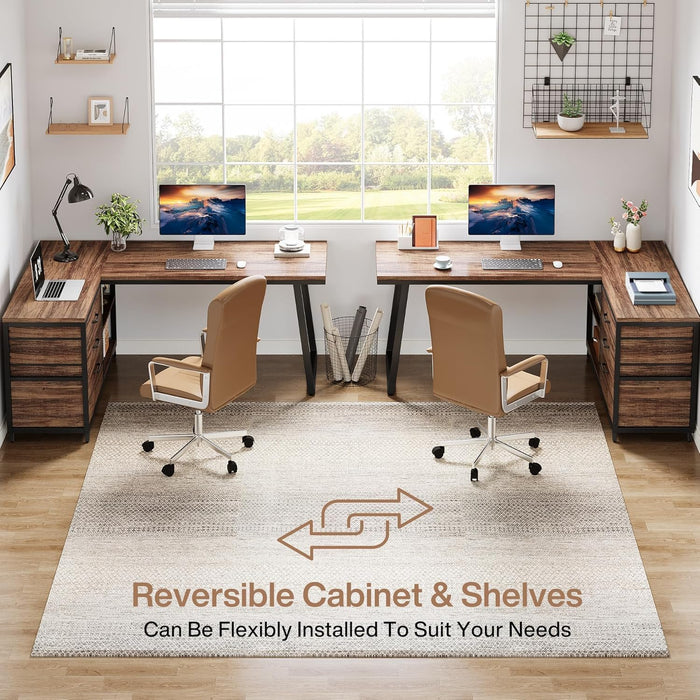 53" L Shaped Office Desk, Reversible Corner Computer Desk with 3 File Drawers and 2 Storage Shelves for Home Office, Study, Gaming Room (Brown)