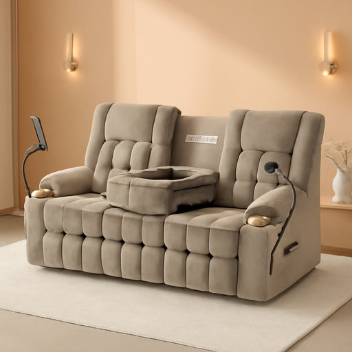 Manual Reclining Sofa with 2-Layer Cushion, Home Theater Seat Reclining Couch with Hidden Drawers & Phone Holder, RV Wall Hugger Recliner Sofa with 3 Seater & Console (Gold, 77‘’)