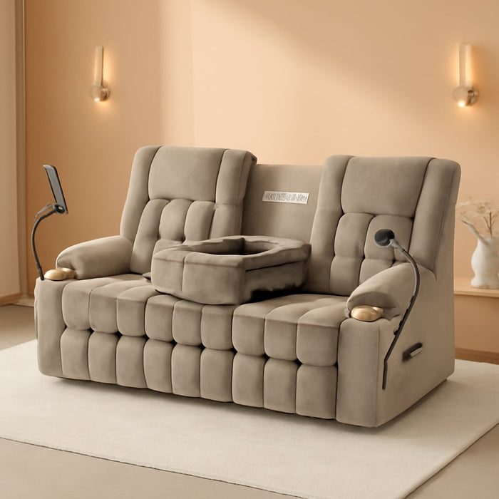 Manual Reclining Sofa with 2-Layer Cushion, Home Theater Seat Reclining Couch with Hidden Drawers & Phone Holder, RV Wall Hugger Recliner Sofa with 3 Seater & Console (Gold, 77‘’)