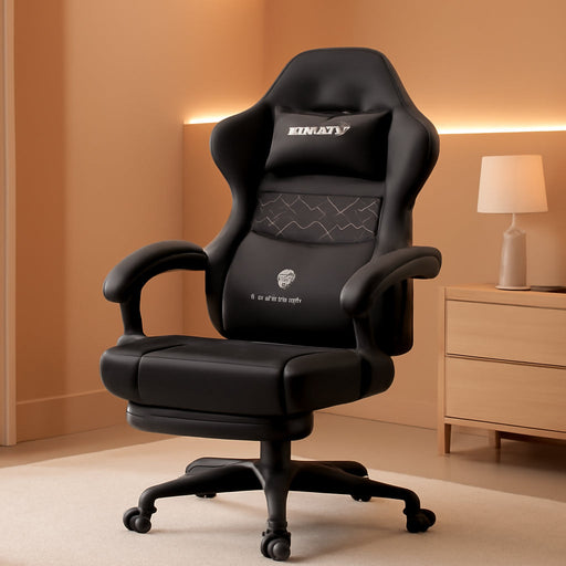 Gaming Chair Breathable Fabric Computer Chair with Pocket Spring Cushion, Comfortable Office Chair with Gel Pad and Storage Bag,Massage Game Chair with Footrest,Black