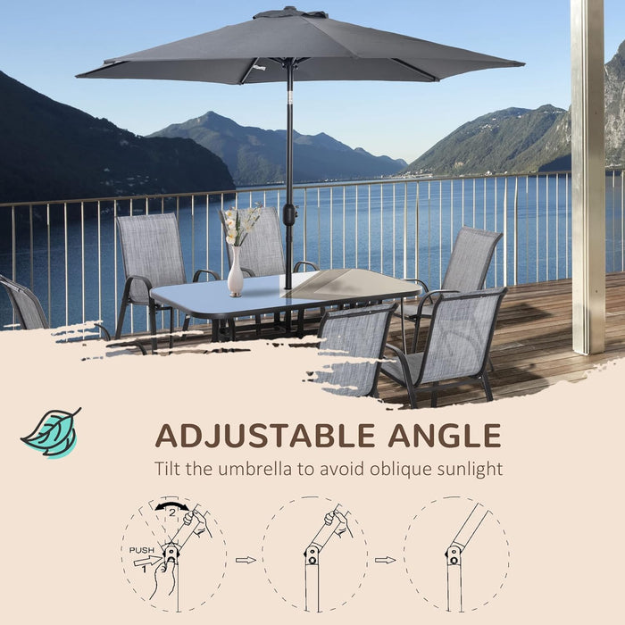 8 Pieces Patio Furniture Set with 9Ft Patio Umbrella, Outdoor Dining Table and Chairs, 6 Chairs, Push Button Tilt and Crank Parasol, Tempered Glass Top, Gray