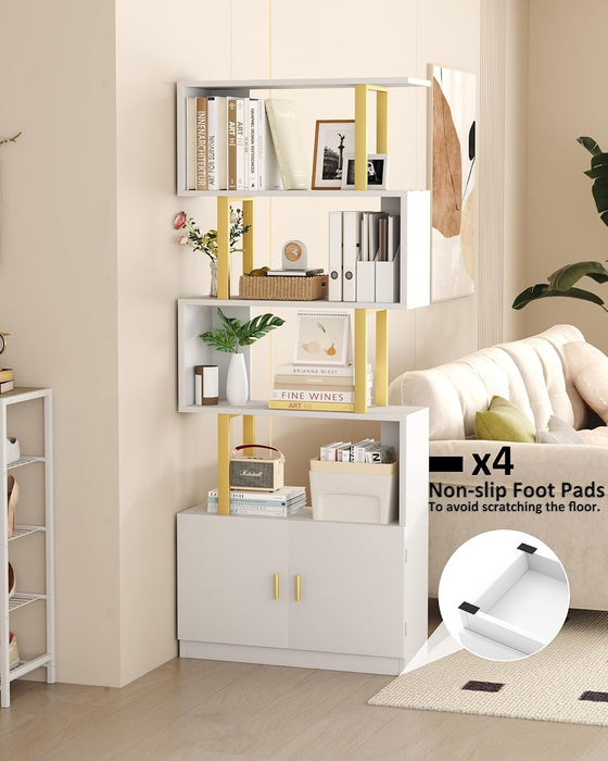Geometric Bookcase with Cabinet, S Shaped Bookshelf 5-Tier Book Shelves for Bedroom, Modern Wood Decorative Display Shelf Tall Book Case for Home Office, Gold and White