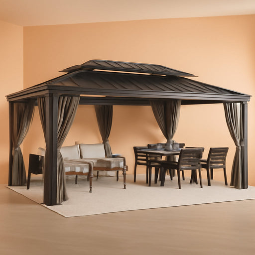 12X20FT Hard Top Metal Gazebo Patios Double Roof Canopy Aluminum Frame Garden Gazebo Tent Curtains Netting for Patios Backyards Decks Lawns Gray