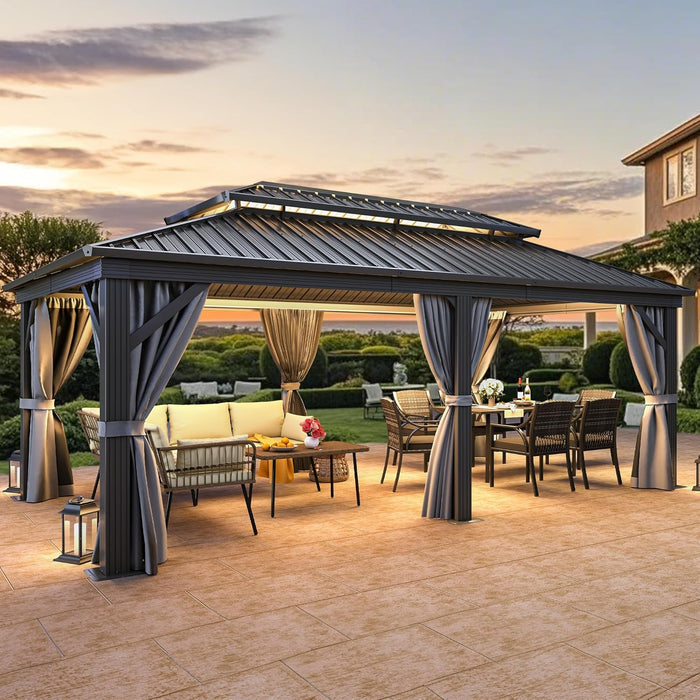 12X20FT Hard Top Metal Gazebo Patios Double Roof Canopy Aluminum Frame Garden Gazebo Tent Curtains Netting for Patios Backyards Decks Lawns Gray