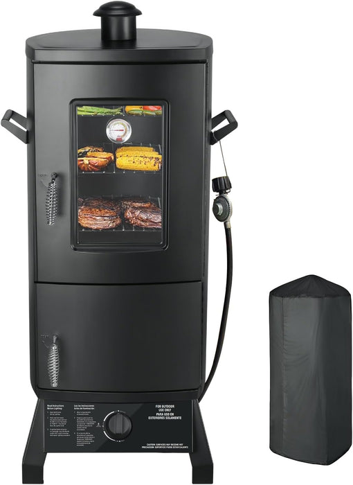 Propane Smoker with Cover, Vertical Meat Gas Smoker Grill Outdoor Heavy Duty 3 Removable Smoking Racks, Black