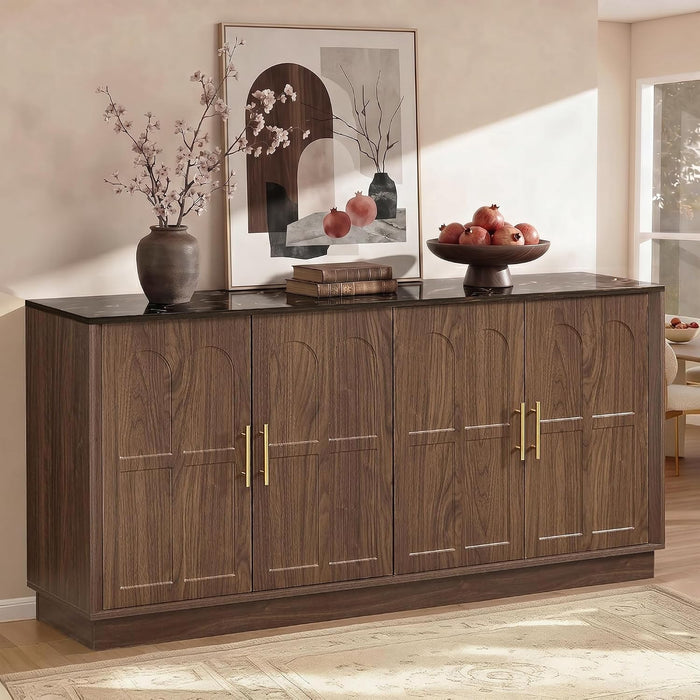 66.5" Sideboard Buffet Cabinet with Storage, Modern Credenza with Faux Marble Top & Arched Doors, Large Wood Accent Cabinet for Living Room, Kitchen, Entryway