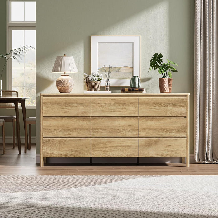 Oak 9 Drawer Dresser for Bedroom, 63" Wide Modern Wood Dresser
