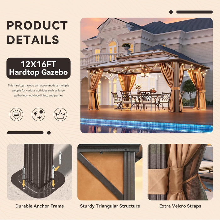 12'X16' Hardtop Gazebo, Outdoor Metal Gazebo with Double Polycarbonate Roof Canopy, Permanent Pavilion with Netting and Curtains for Lawn, Garden, Patio (Brown)