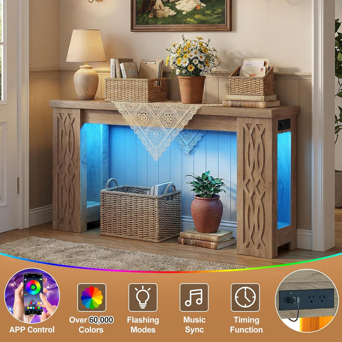 47" Console Table with Outlet, Farmhouse Entryway Table with Colorful LED Lights, Wooden Sofa Table with Unique Carved Design, Foyer Accent Table for Entrance, Hallway, Living Room Natural