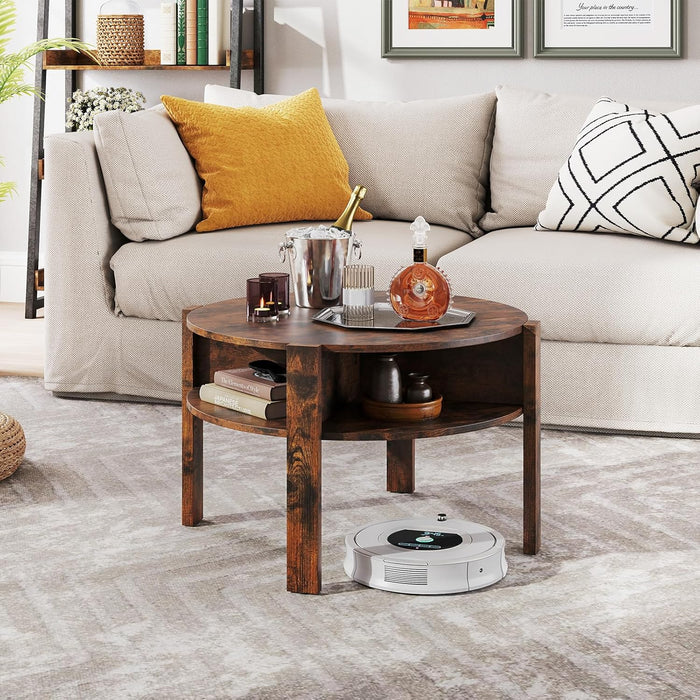 round Coffee Table, 29.5” 2-Tier Circle Cocktail Center Table with Storage Shelves, for Small Spaces, Living Room (Rustic Brown)