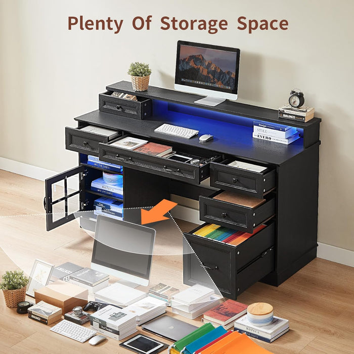 Farmhouse Executive Desk with Drawers Computer Desk with File Drawers, Power Outlet and Led Lights, Executive Office Desk with Storage Cabinet and Monitor Shelf for Home Office, Black