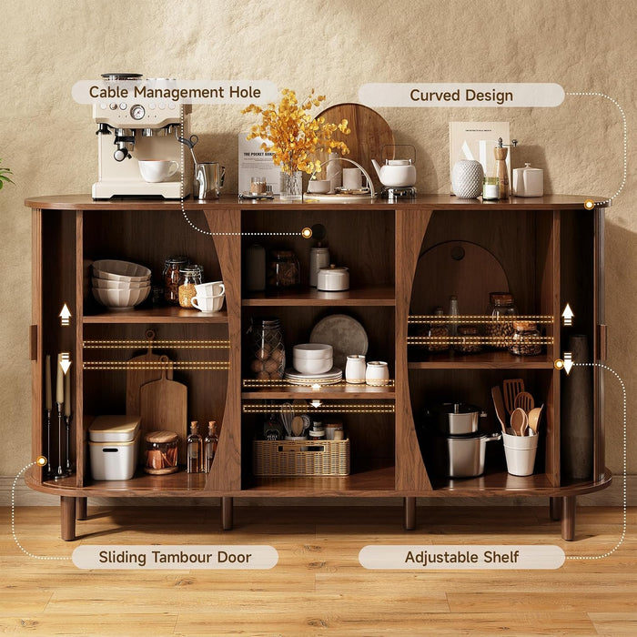 59" Curved Buffet Cabinet with Storage, Sideboard Cabinet with Adjustable Shelves, Mid-Century Modern Buffet Cabinet with Sliding Doors and 6 Wood Legs, Storage Cabinet for Living Room, Walnut