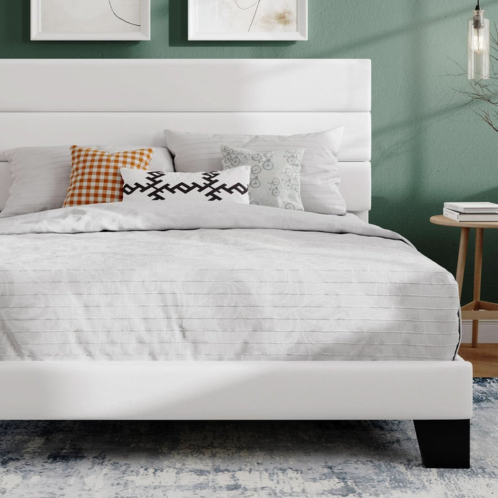 Full Platform Bed Frame with Velvet Upholstered Headboard, Mattress Foundation with Strong Wooden Slats Support, No Box Spring Needed, White