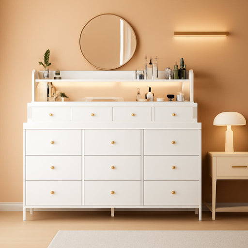 51.2" W White Dresser with 13 Drawers and LED Lights, White Dresser for Bedroom with Fabric Drawer, Long Dressers & Chests of Drawers, Dresser for Bedroom with Shelves for Closet