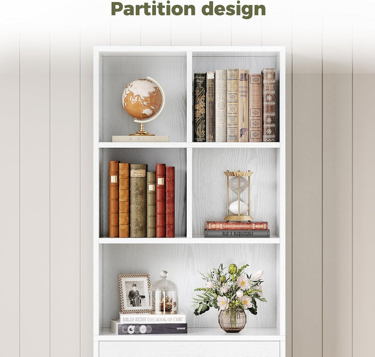 Bookcase and Bookshelves, 70" Tall Bookshelf Floor Standing 6 Tiers Display Storage Shelves, Book Shelf with Drawers for Home Office, Living Room, Bedroom, Library, White