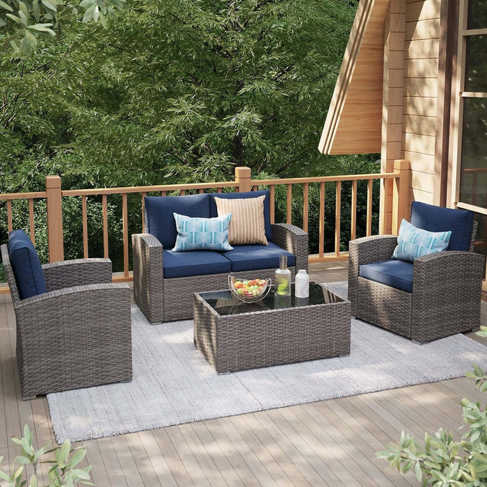 Patio Furniture Set, 4 Piece Outdoor Patio Conversation Set, All-Weather PE Rattan Wicker Sectional Patio Sofa Set with Tempered Glass Coffee Table for Family Gatherings, Navy Blue