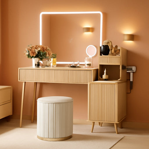47" Vanity Desk with 5X Magnifying Mirror & 3-Color LED Light, Fluted Glass Top Makeup Table, USB Charging & Hair Dryer Holder, Dressing Table with Adjustable Shelves for Bedroom, Natural Oak
