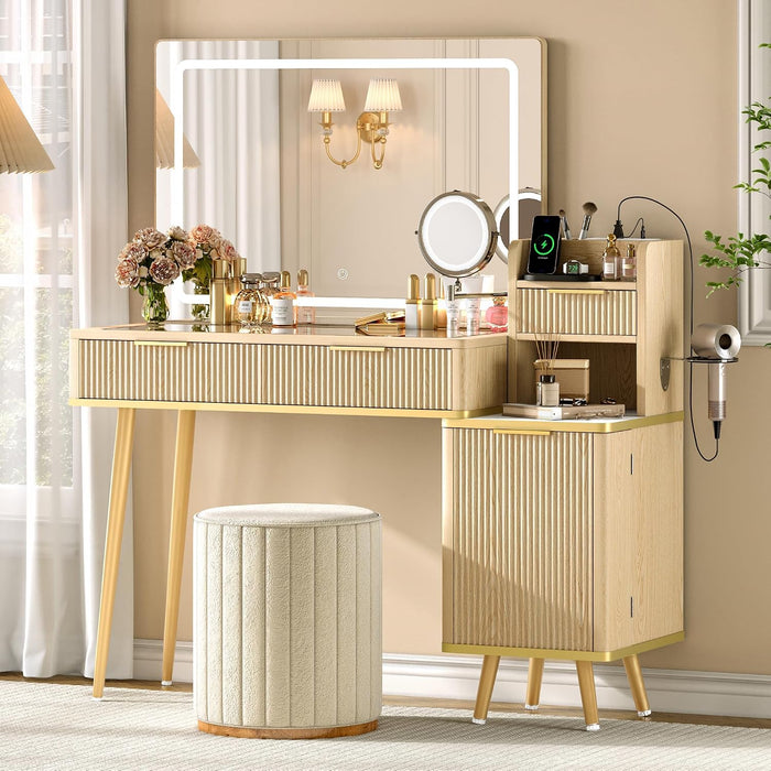47" Vanity Desk with 5X Magnifying Mirror & 3-Color LED Light, Fluted Glass Top Makeup Table, USB Charging & Hair Dryer Holder, Dressing Table with Adjustable Shelves for Bedroom, Natural Oak