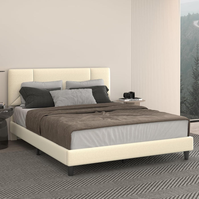 Queen Size Platform Bed Frame with Chenille Headboard, Beige