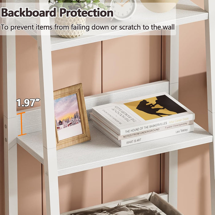 5-Tier White Ladder Shelf, Ladder Bookshelf with Removable Drawer, Mordern Bookcase Storage Rack Organizer, Wood Metal Freestanding Storage Shelves for Living Room, Home Office, Bedroom