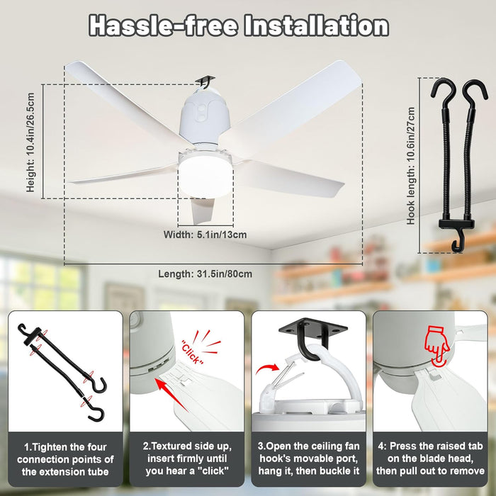 Gazebo Outdoor Ceiling Fan Light 31.5'', 40000Mah Large Portable Ceiling Fan with Remote and Hanging Hook, 4 Wind Speeds, 3000K-6500K Dimmable Canopy Fan Light for Patios, Pop up Tent, Camping