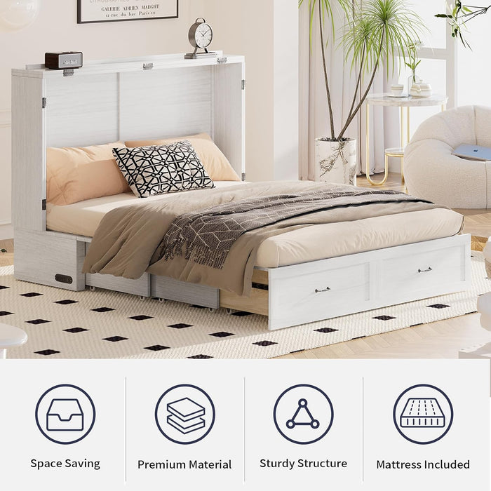 White Queen Murphy Cabinet Bed With StorageDrawers