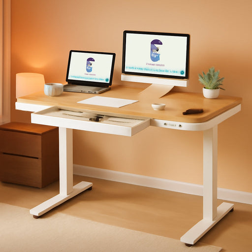Comhar Electric Standing Desk with Drawer Desktop & Adjustable Frame W/Usb Charge Ports (Bamboo Texture/White, Wood)