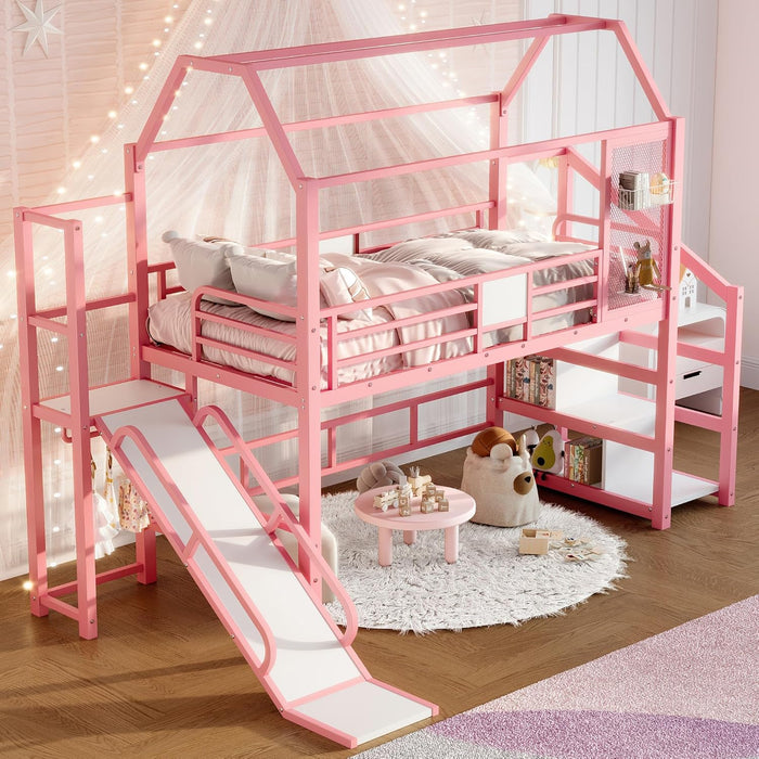 Bright Pink TwinSize Metal LoftBed With SafetyGuardrail